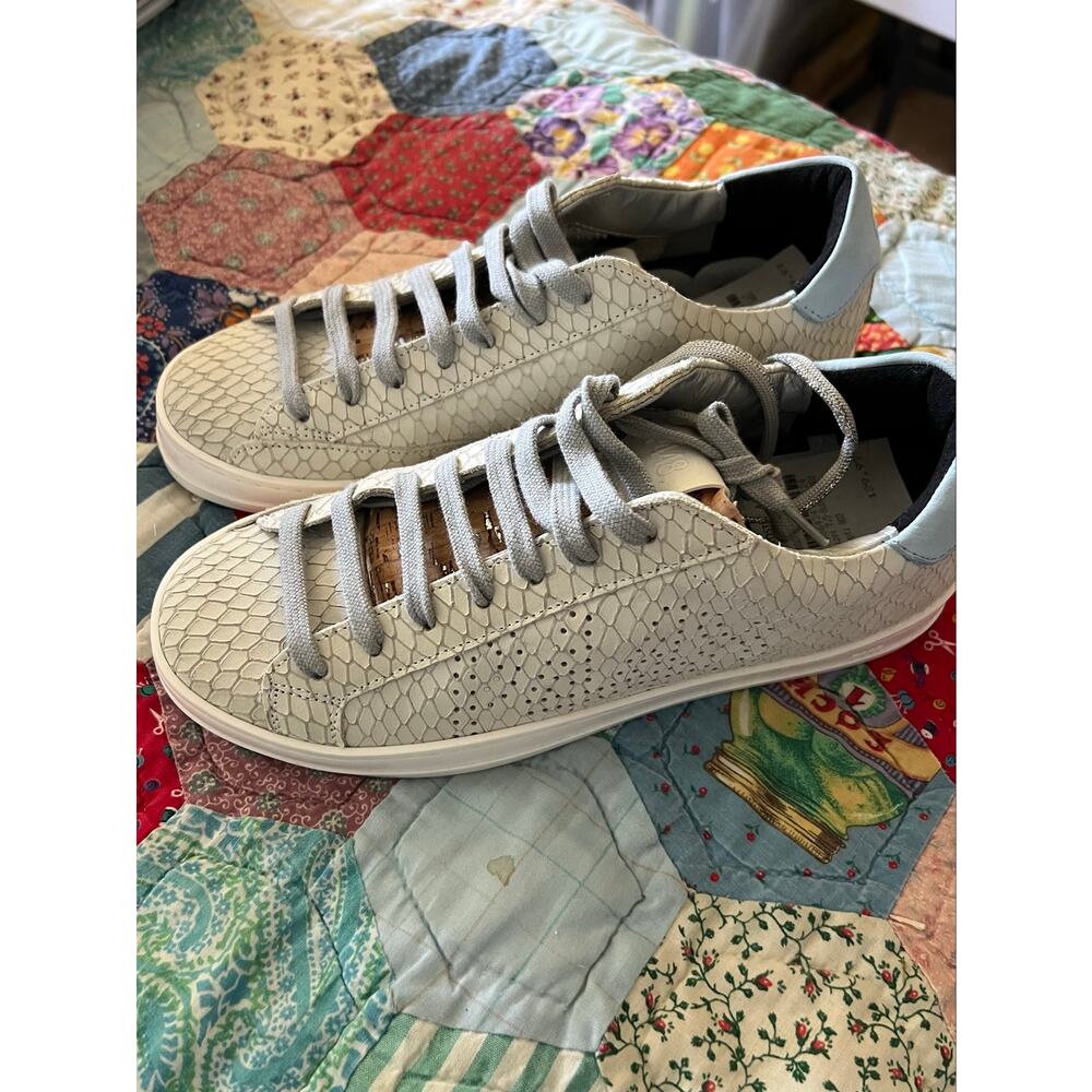 P448 Shoes, John Margot, snakeskin patten, silver blue trim, NWT 38